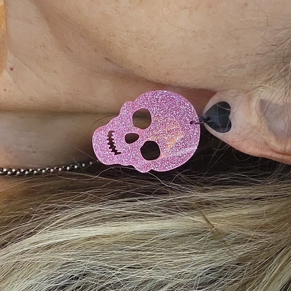 Pink Glitter Skull Earrings